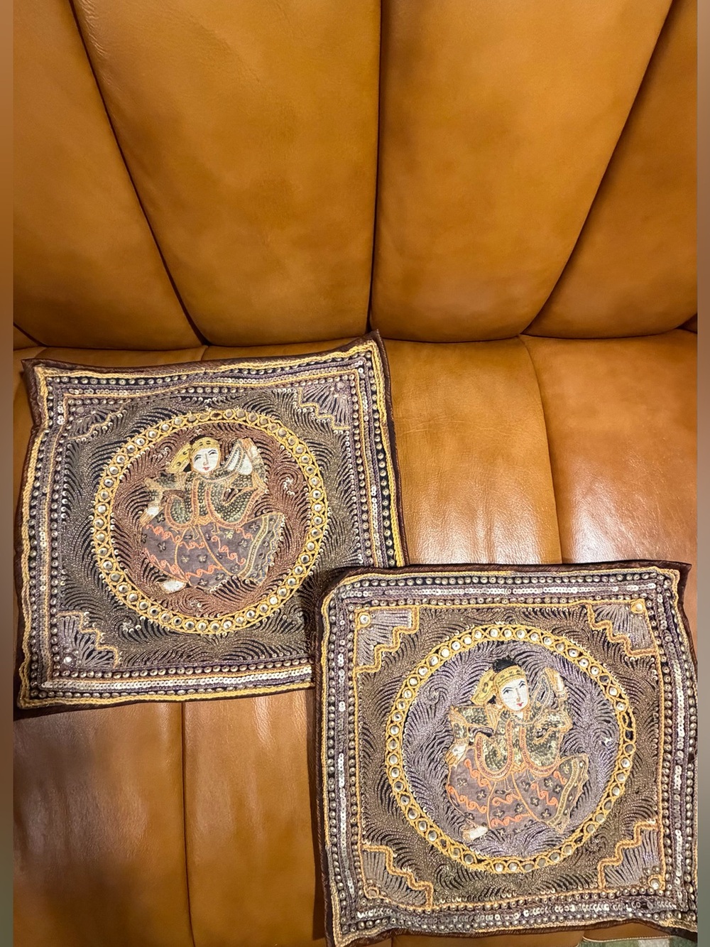 Pair of Vintage Burmese  Kalaga Sequin Embroidered Accent Pillow Covers Tapestry